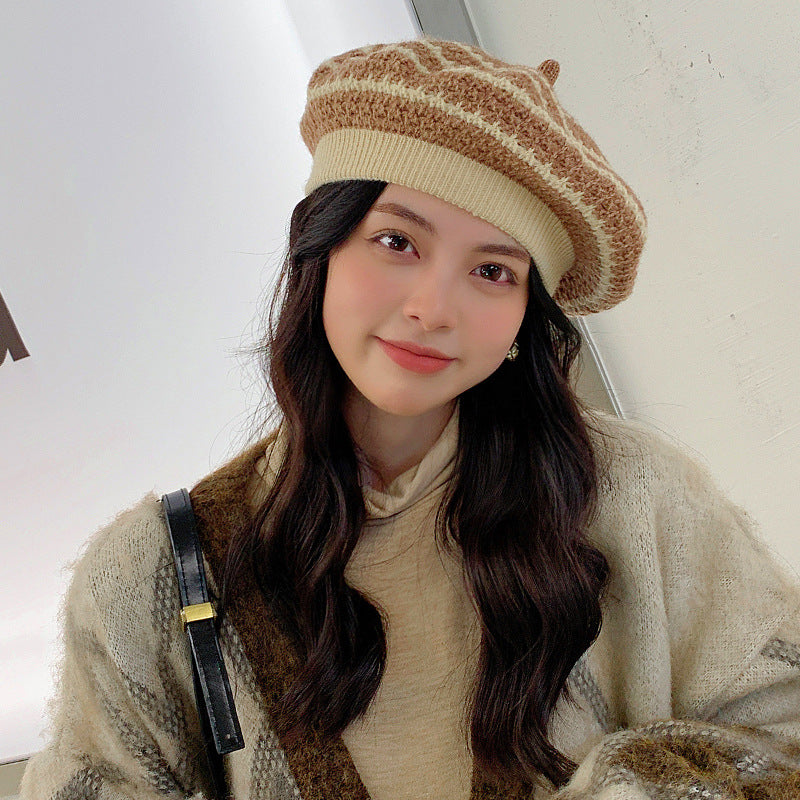 New Women's All-match Knitted Wool Striped Beret To Keep Warm