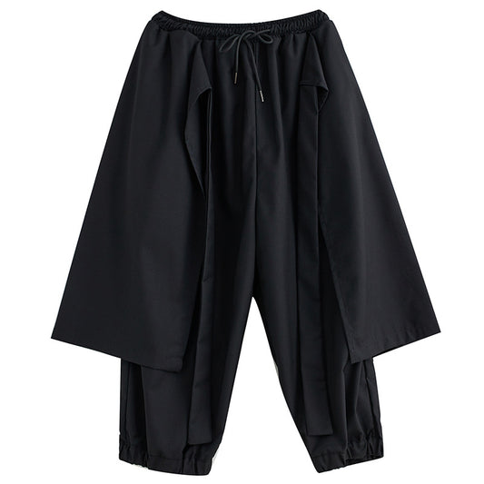 Dark Black Leggings With Cropped, Slim And Loose Fitting Wide Leg Pants