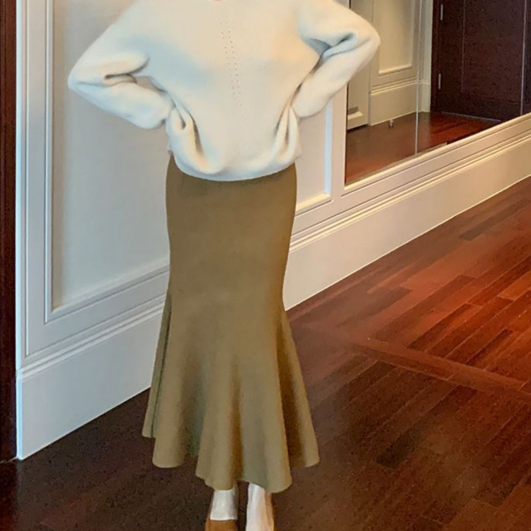 Womens Solid-Colored French-Style Retro High-Waist Knitted Fishtail Skirt