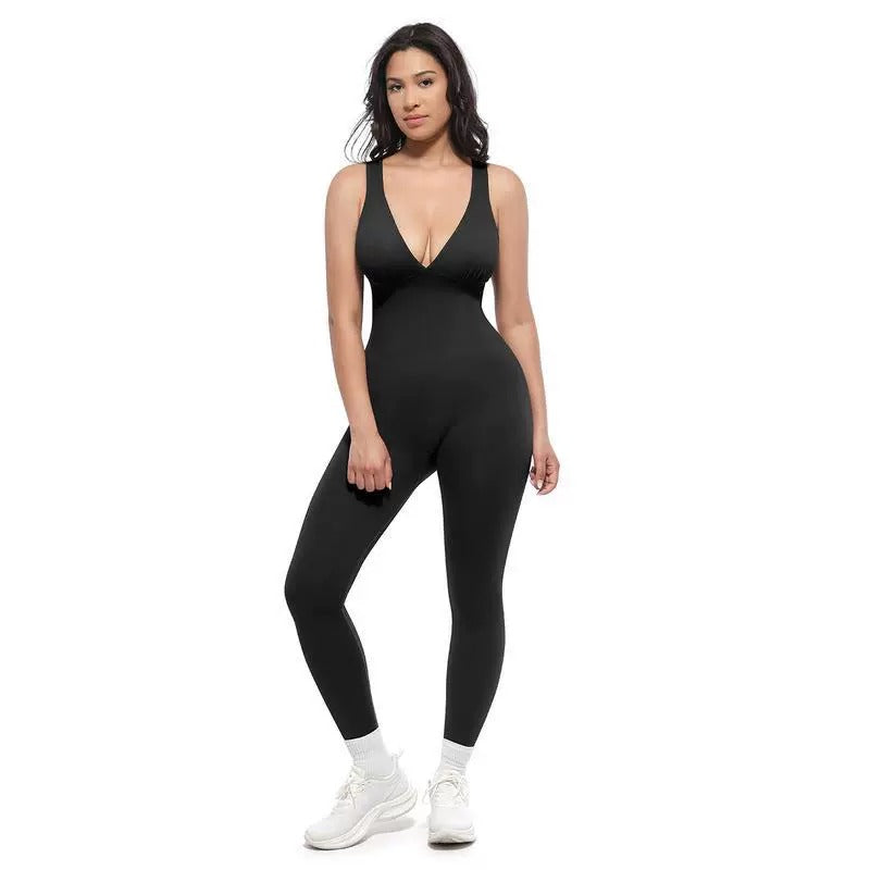 Womens Solid-Color Versatile V-Neck Yoga Jumpsuit