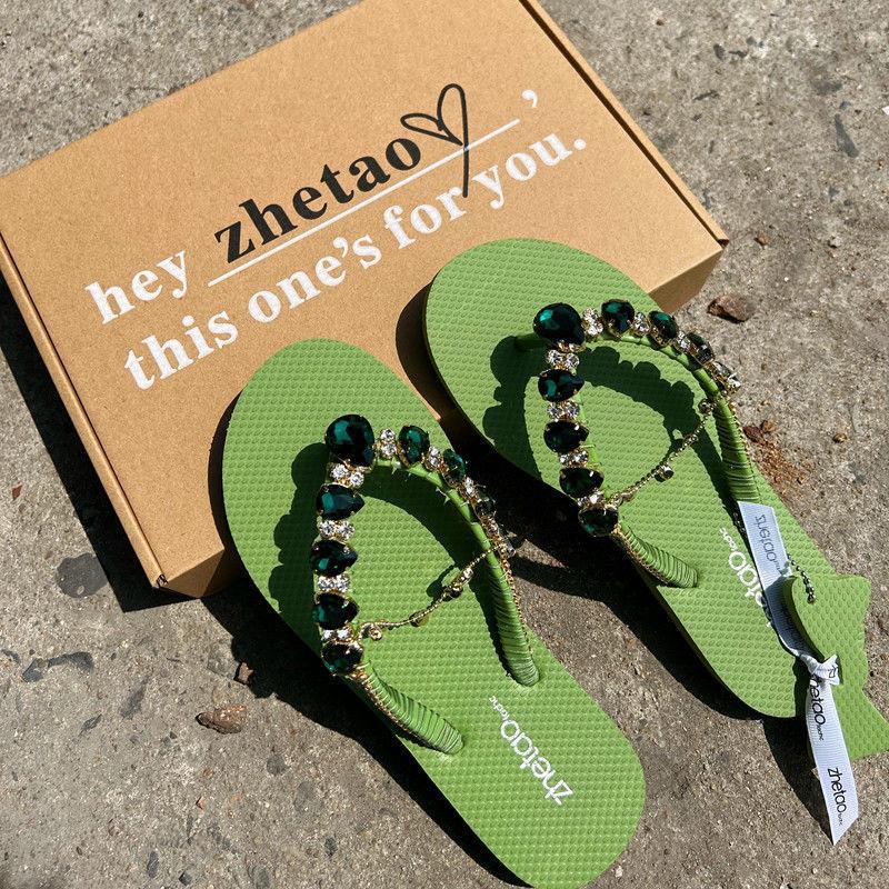 Women's Flat Bottom Bright Diamond Solid Color Non-slip Casual Beach Slippers