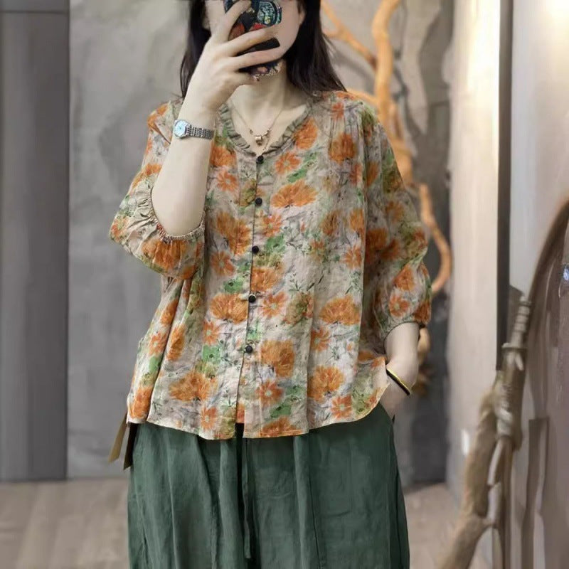 Wooden Ear Cotton And Linen Shirt Casual Collar Top