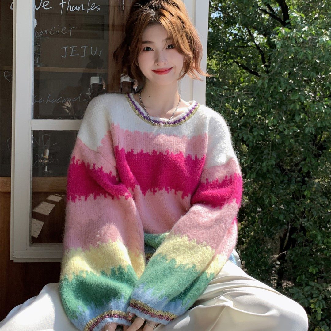 Large Contrast Rainbow Stripe Pullover Sweater For Women Loose And Versatile