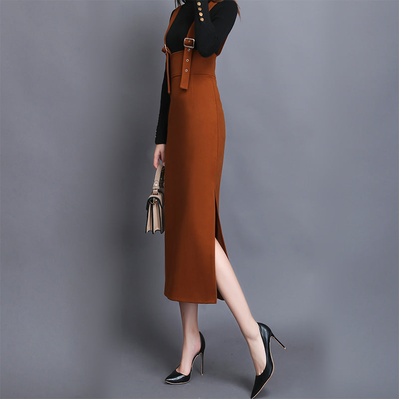 Women's Fashion Woolen Solid Color Suspender Skirt