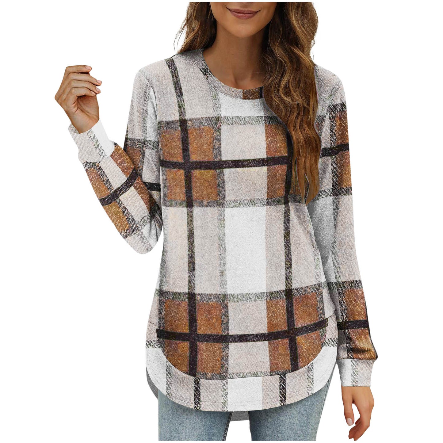 Women's Casual Loose Plaid Long Sleeve Round Neck Irregular Bottoming Shirt Top