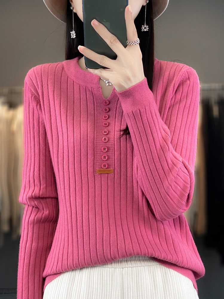 Long Sleeve Round V-neck Sweater Solid Color