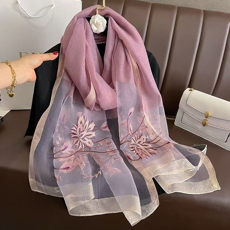 Versatile Embroidered Silk-Feel Thermal Scarf