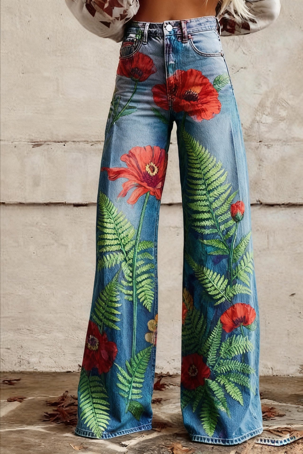 Floral-patterned Slim-fit Faux Denim Wide-leg Pants