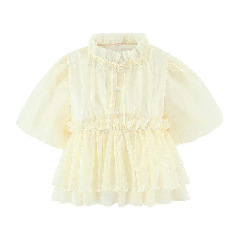 Fashionable All-match Puffed Sleeves Lace-up Short-sleeved Doll Shirt