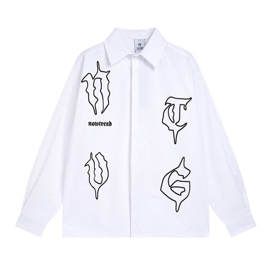 Gothic Letter Printed Long Sleeve Shirt Loose Casual Cardigan