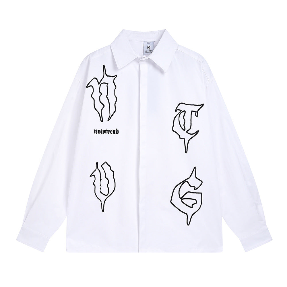 Gothic Letter Printed Long Sleeve Shirt Loose Casual Cardigan
