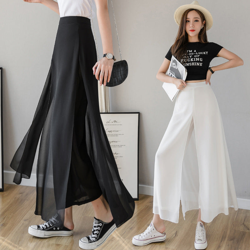 High Waist Slim Fashionable Ice Chiffon Broad Leg Pants Female