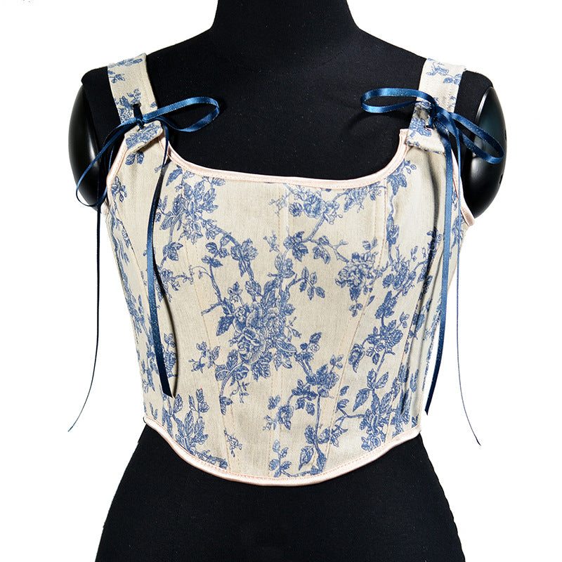 Fransk Orchid Print Stroptop Korset Crop Top