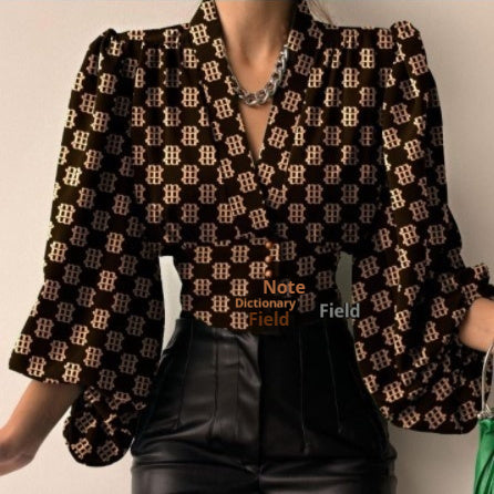 Elegant Buttoned V-Neck Puff Sleeve Top Shirt For Women