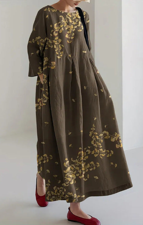 Retro Floral Pocketed Loose Womens Printed Maxi Dress