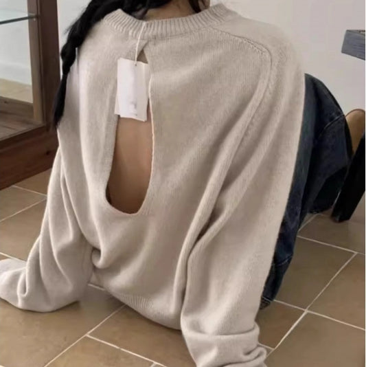 Scheming Hollow Backless Loose Round Neck Knitted Knitting Shirt