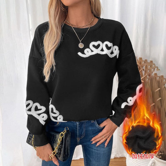 Hjerte Mønster Rund Hals Varm Fleece Sweatshirt Til Kvinder