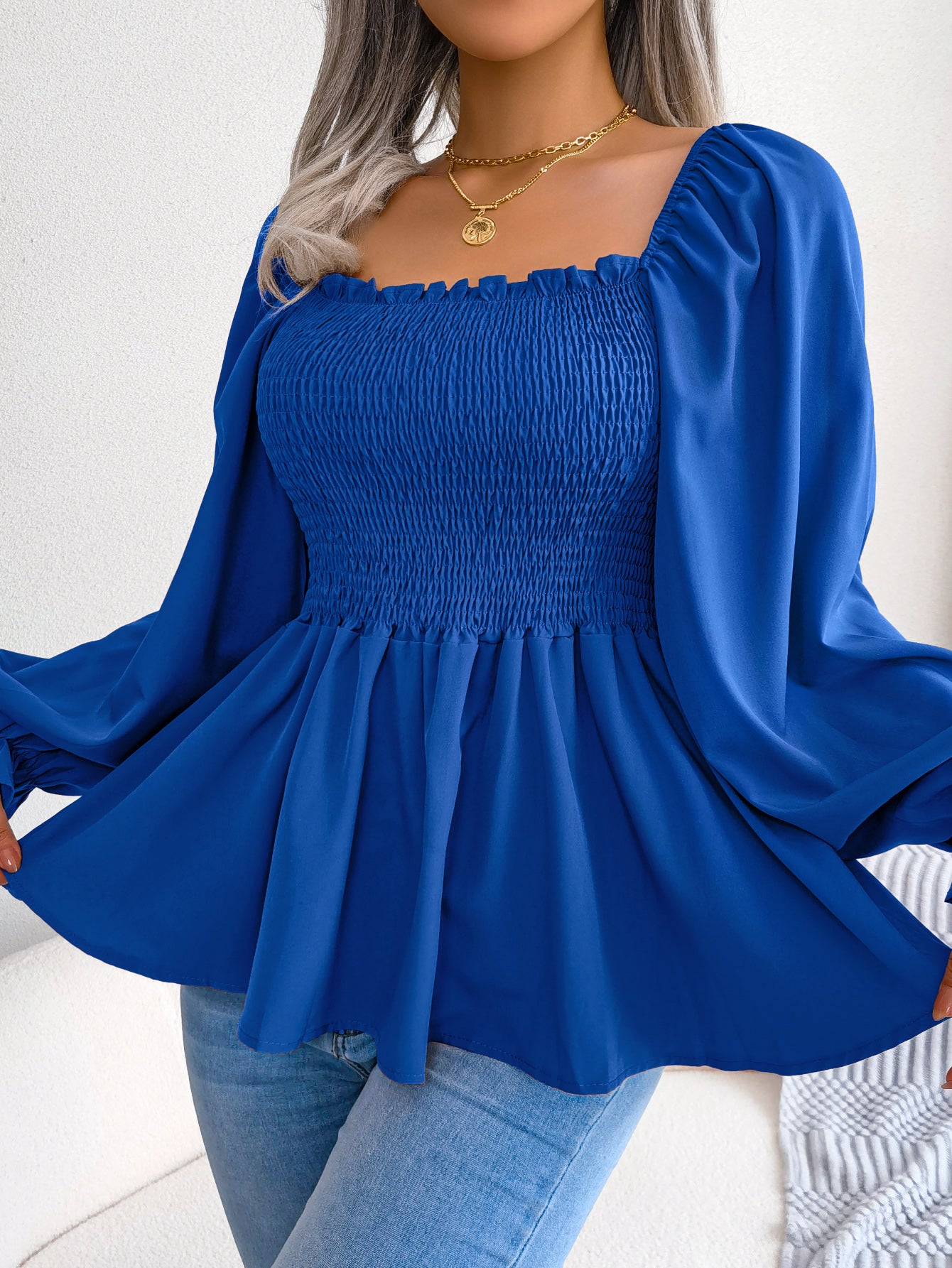 Women's Casual Ruffle Trim Square Neck Long Sleeve Chiffon Top