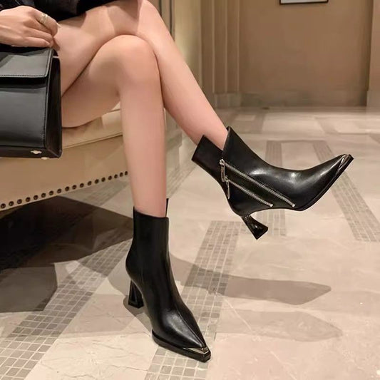 Womens Pointed-Toe Chunky-Heel Side-Zip Slimming Fashion Boots