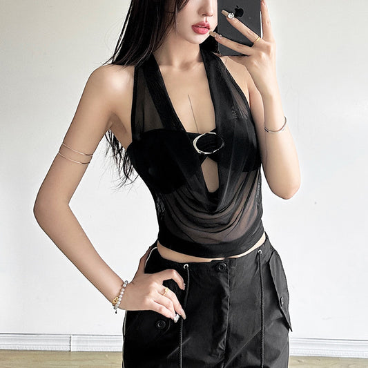 Underwear Bandeau Halter Sheer Mesh Vest Two-piece Set