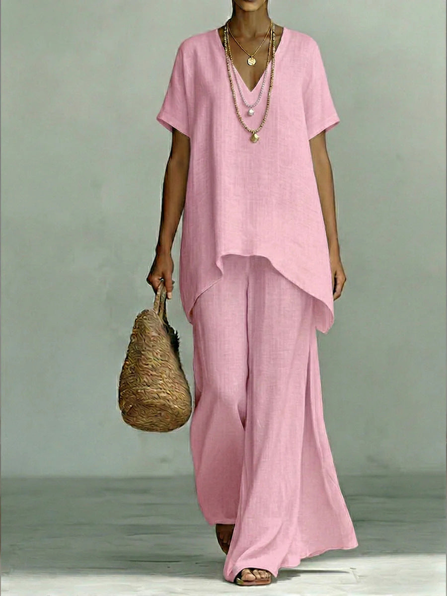 V-neck Short-sleeve Fashionable Loose Top And Wide-leg Pants Set