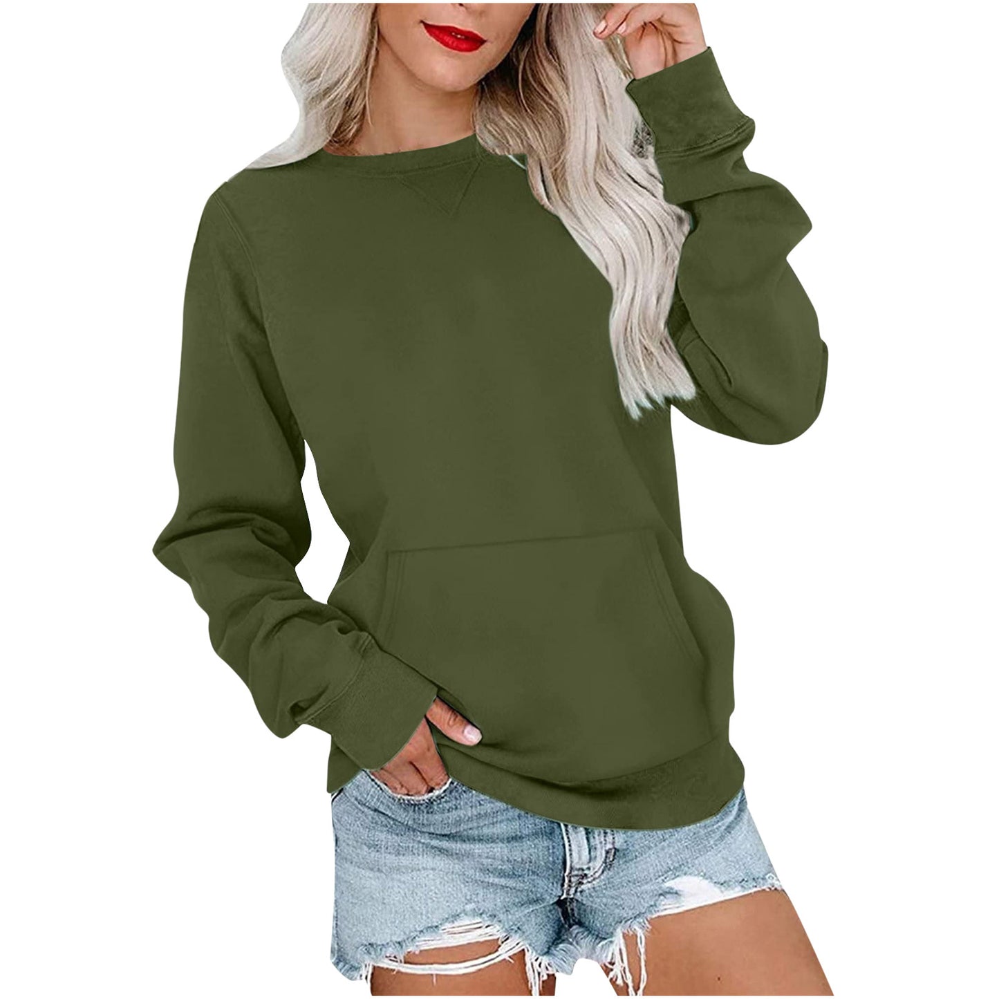 Ensfarvet pullover sweatshirt med lomme moderigtig løs rund hals langærmet top dametøj