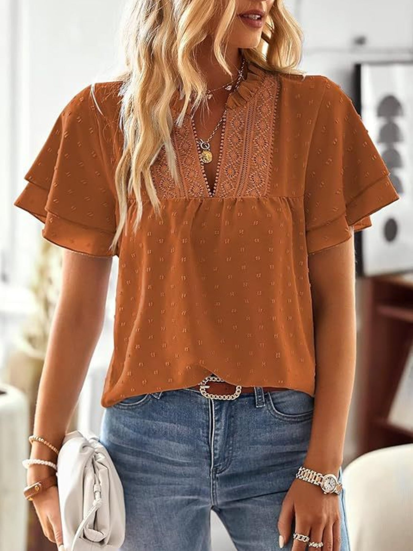 European And American Elegant Resort Style Deep V-Lace Short-Sleeve