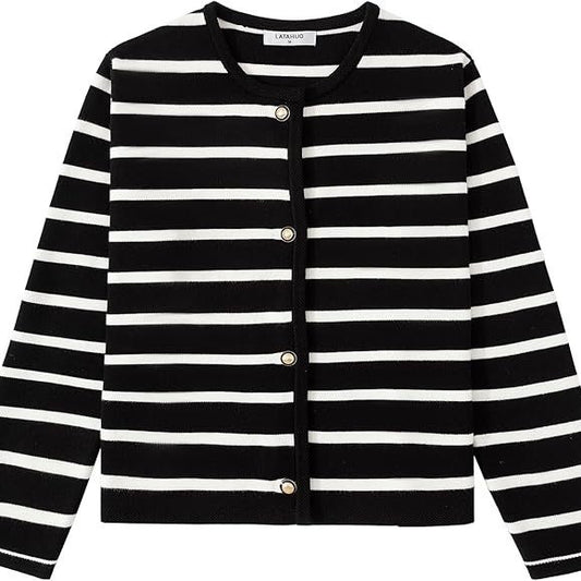 Women's Striped Cardigan Sweater Fashion Long Sleeve Button