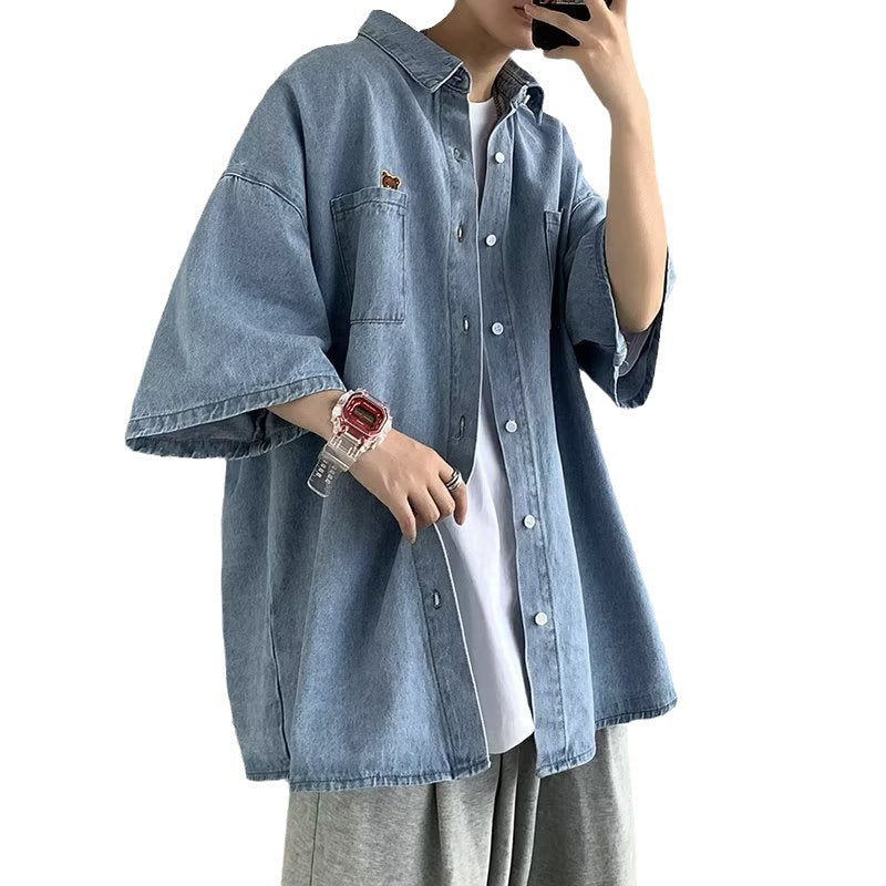 Denim Shirt Men's Short Sleeve Shirt Baggy Coat