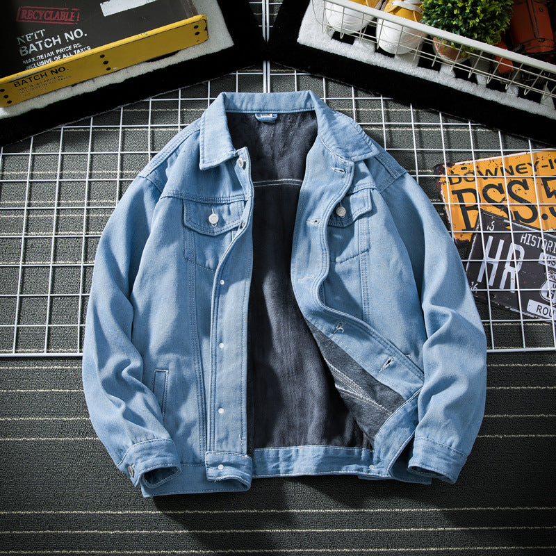 Winter Hong Kong Style Fleece-lined Men's Denim Jacket Warm Coat