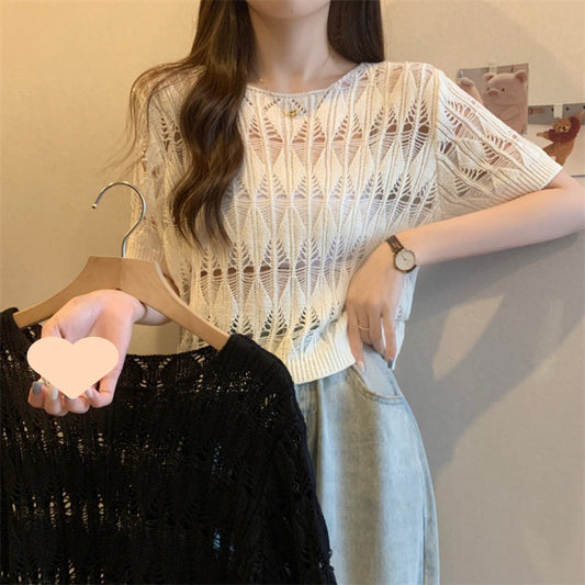 Hollow-out Ice Silk Sweater Short Sun-drying Shirt Top Short Sleeve