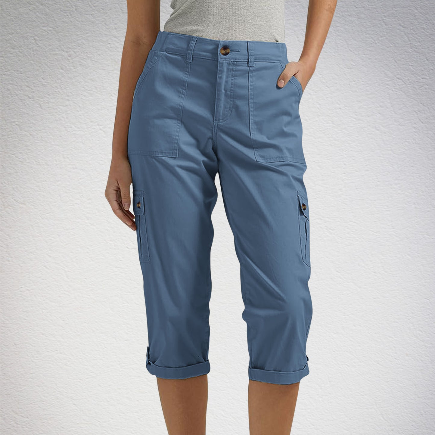 Solid-color Casual Cropped Pants With Multiple Pockets