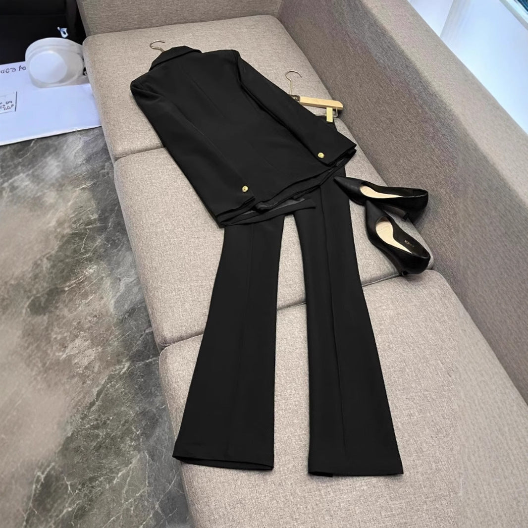 Womens Stylish Mid-length Blazer And Flared Pants Fashion Set
