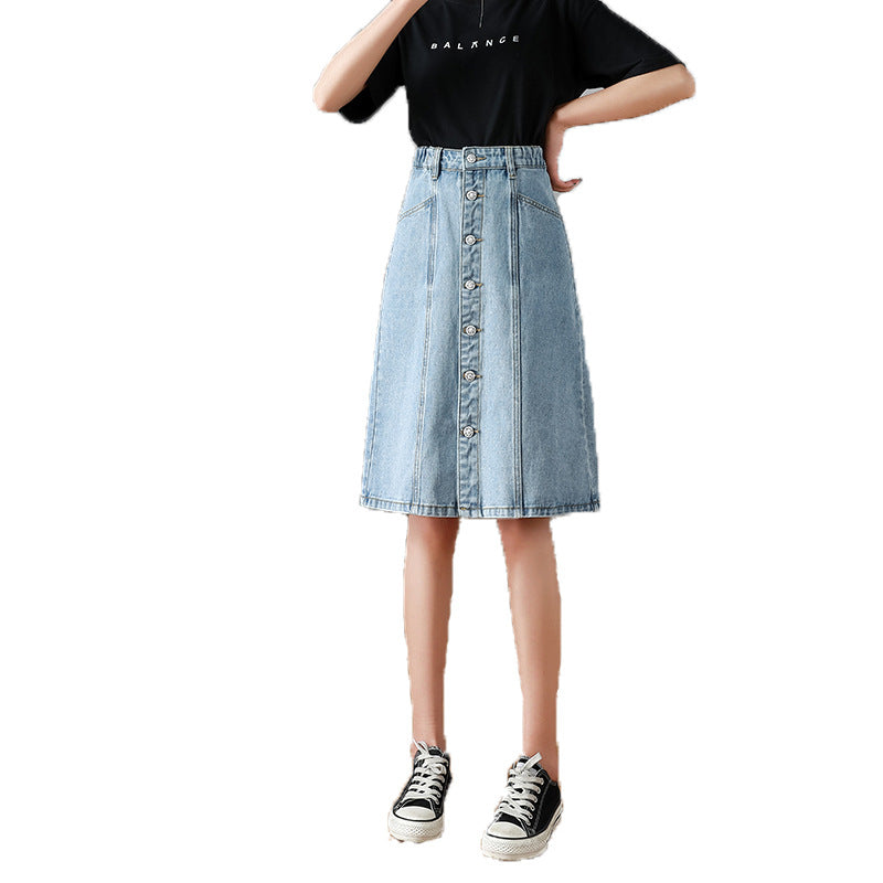 Korean-style Loose Versatile A-line Mid-length Slimming High-waist Plus-size Denim Skirt