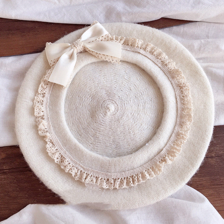 Woolen Bow Vintage Round Beret Hat