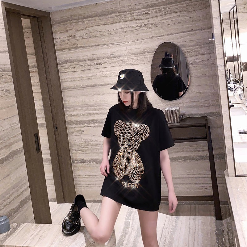 Gold Sparkling Hot Diamond Mid-length T-shirt Women