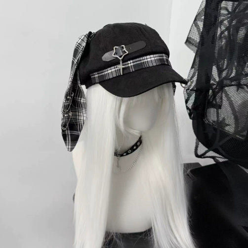 Original Punk Beret With A Subcultural Fashionable Checkered Rabbit-ear Design
