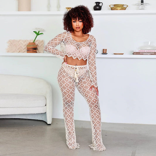 O-neck Short Top Bell-bottom Pants Lace Suit Without Lining