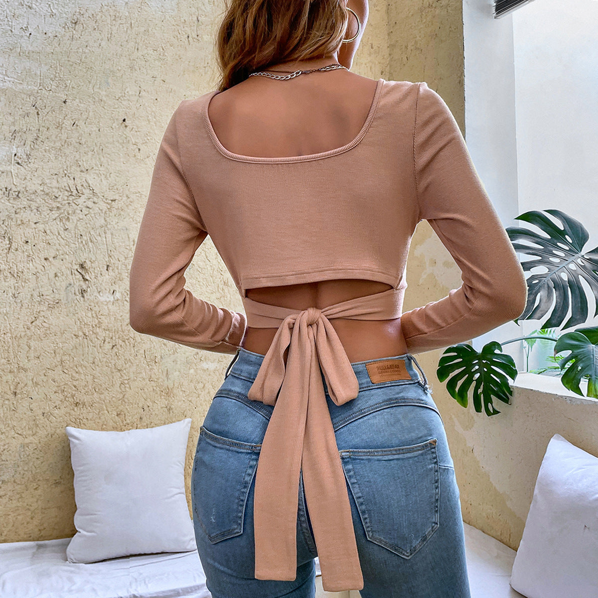 Women's Slim-fit Casual Tie-waist Cropped Square-neck Long-sleeve Top