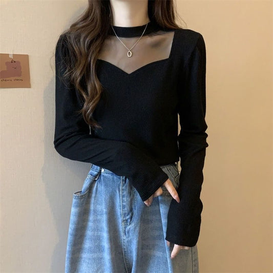 AutumnWinter Thin Mesh Knitted Solid-color Women's Top With Tummy-Contouring Design