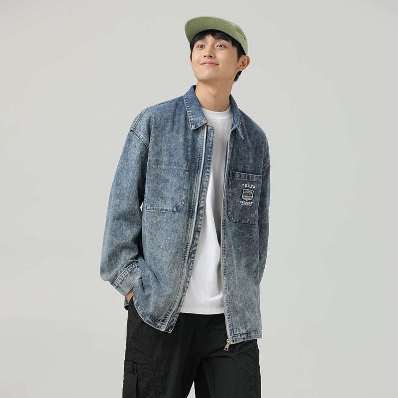 Retro Washed Distressed Zipper Couple Casual Denim Coat