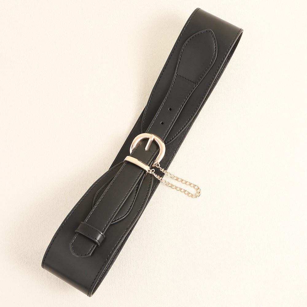 Vintage Women's Belt Black High-grade Metal Chain Pin Buckle Dress Shirt Simple Restraint Waist Wide Waist Seal