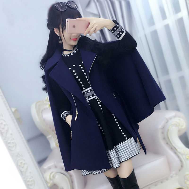 Women's Dark Blue British Zipper Cloak Woolen Coat