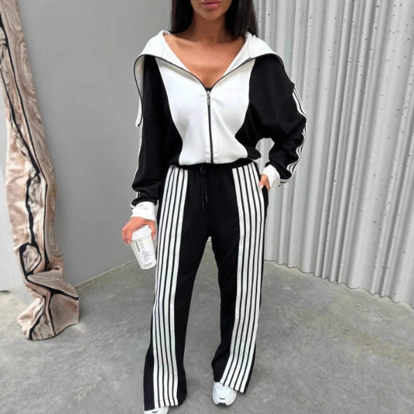 Womens Striped Coral-Fleece Patchwork Long-Sleeve Zip-Up Pants Set