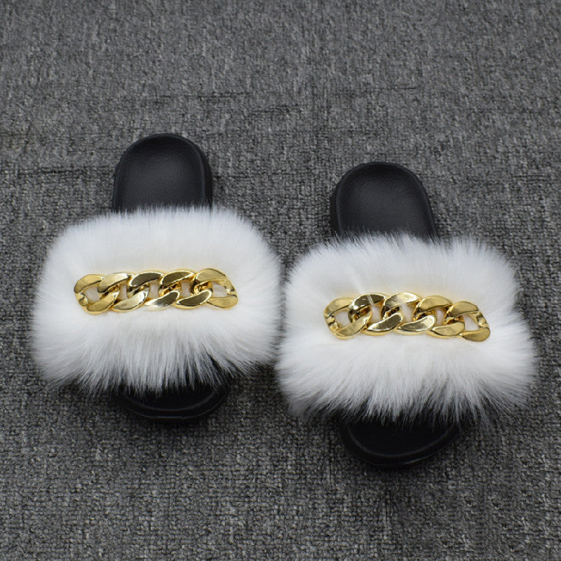 Fur Fur Slippers Chain Faux Fur Flip Flops