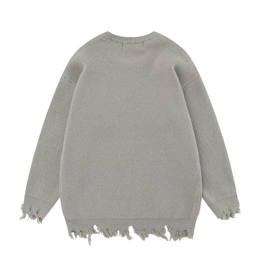 Crocheted Ripped Round Neck Long Sleeve Pullover Knitting Sweater