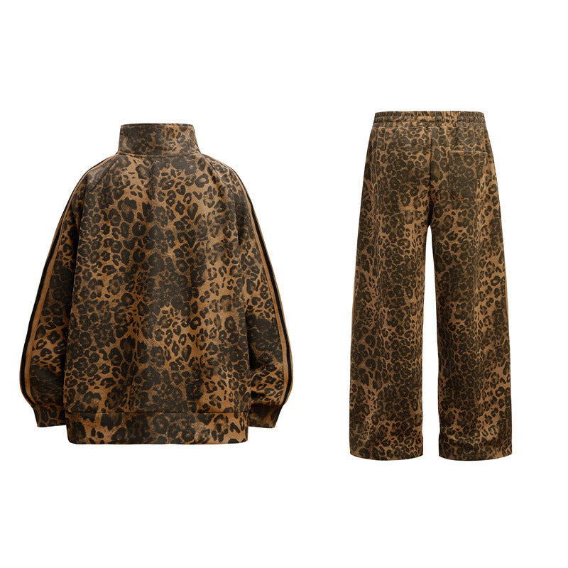 Leopard Print Niche Stand Collar Zipper Special Jacket Coat Retro Set
