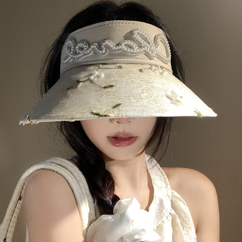 Lace Flower Pearl Visor Straw Hat Female Summer
