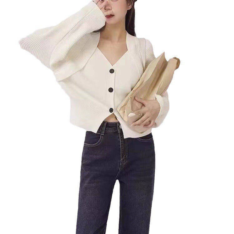 Gentle V-neck Single Breasted Sweater Tight Waist Slimming Casual Knitted Cardigan Top