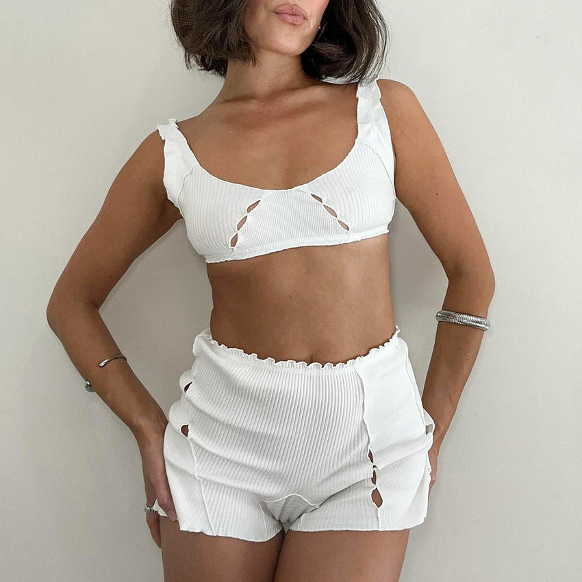 Womens Hollow-Out Knitted Pajama Set White Tank Top And Shorts Two-Piece Set